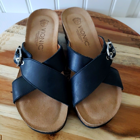 Vionic Danette Wedge Sandals Black Cork Soles - Picture 2 of 5